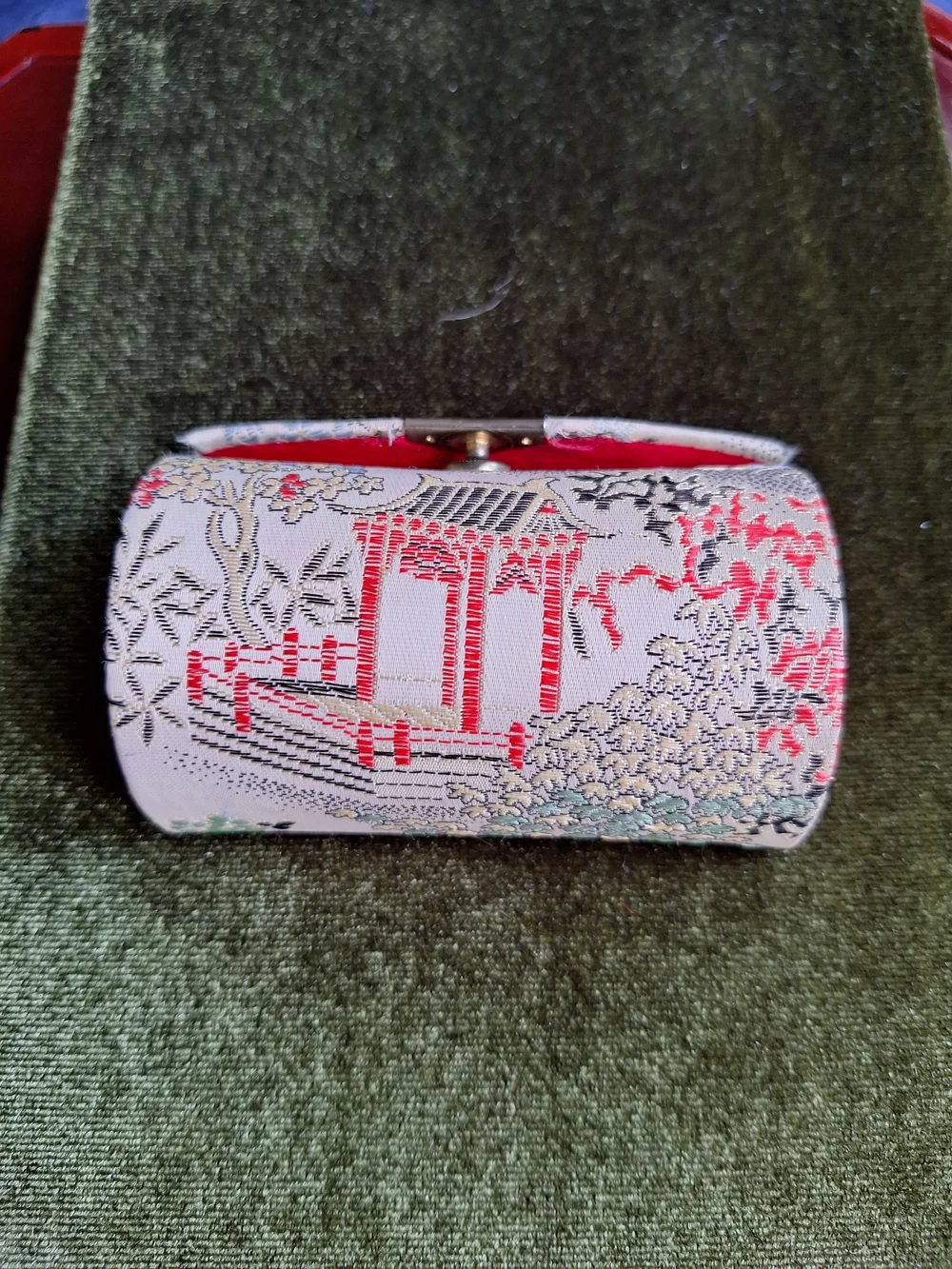 Silk Fabric Vintage Mini Lipstick Case - Ivory with Red Floral Motif